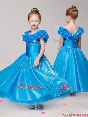 Off the Shoulder Ankle Length Blue Flower Girl Dresses for Less Tulle Cap Sleeves Appliques