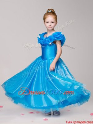 Off the Shoulder Ankle Length Blue Flower Girl Dresses for Less Tulle Cap Sleeves Appliques