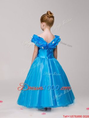 Off the Shoulder Ankle Length Blue Flower Girl Dresses for Less Tulle Cap Sleeves Appliques