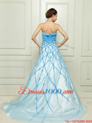 On Sale Floor Length Baby Blue Evening Dress Strapless Sleeveless Zipper