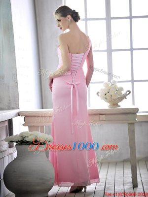 Graceful One Shoulder Sleeveless Chiffon Prom Dress Ruching and Hand Made Flower Lace Up