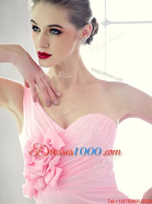 Graceful One Shoulder Sleeveless Chiffon Prom Dress Ruching and Hand Made Flower Lace Up