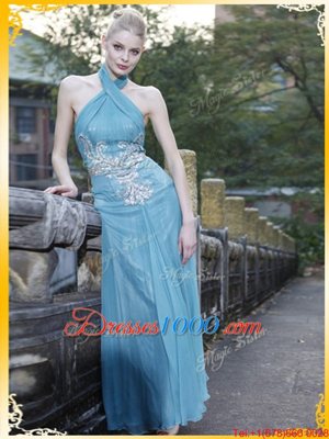 Luxury Halter Top Light Blue Sleeveless Chiffon Zipper Evening Dress for Prom and Party
