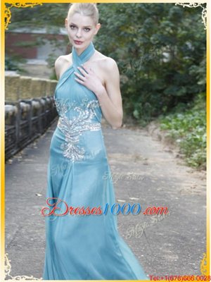 Luxury Halter Top Light Blue Sleeveless Chiffon Zipper Evening Dress for Prom and Party
