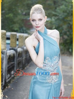 Luxury Halter Top Light Blue Sleeveless Chiffon Zipper Evening Dress for Prom and Party