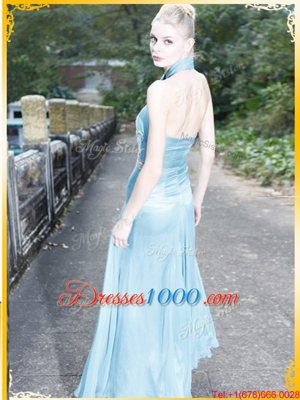 Luxury Halter Top Light Blue Sleeveless Chiffon Zipper Evening Dress for Prom and Party