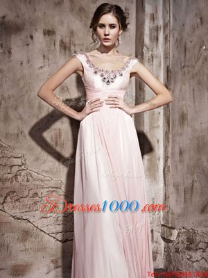 Pretty Scoop Baby Pink Sleeveless Floor Length Beading Backless Prom Dresses