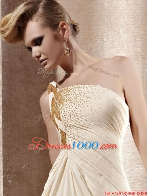 Exceptional One Shoulder Champagne Empire Beading Side Zipper Chiffon Sleeveless Floor Length