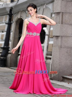 Smart Hot Pink Sleeveless Brush Train Beading Prom Evening Gown