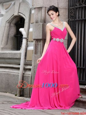Smart Hot Pink Sleeveless Brush Train Beading Prom Evening Gown