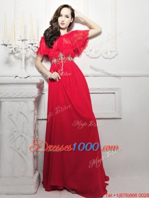 Red Sleeveless Sweep Train Beading