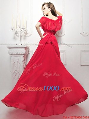 Red Sleeveless Sweep Train Beading