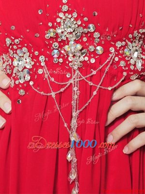 Red Sleeveless Sweep Train Beading