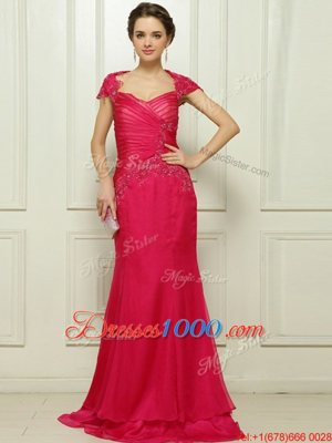 Beautiful Cap Sleeves Sweep Train Beading Backless Prom Party Dress