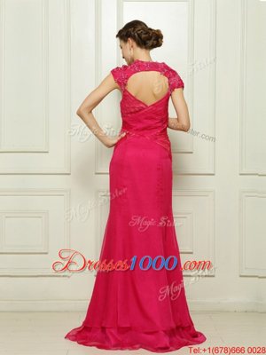 Beautiful Cap Sleeves Sweep Train Beading Backless Prom Party Dress
