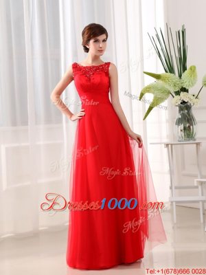Coral Red Scoop Neckline Beading and Appliques Dress for Prom Sleeveless Zipper
