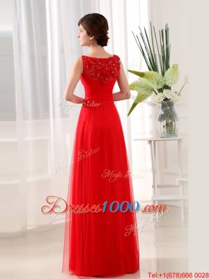 Coral Red Scoop Neckline Beading and Appliques Dress for Prom Sleeveless Zipper