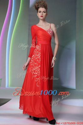 Pretty Coral Red Side Zipper Prom Gown Beading and Embroidery Long Sleeves Floor Length