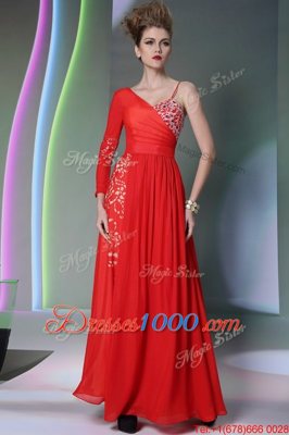 Pretty Coral Red Side Zipper Prom Gown Beading and Embroidery Long Sleeves Floor Length
