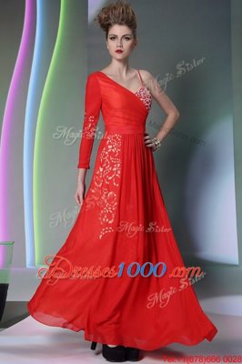 Pretty Coral Red Side Zipper Prom Gown Beading and Embroidery Long Sleeves Floor Length