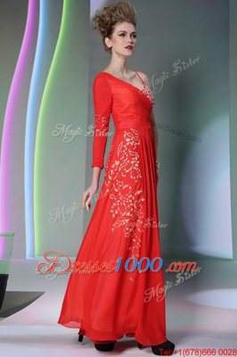 Pretty Coral Red Side Zipper Prom Gown Beading and Embroidery Long Sleeves Floor Length