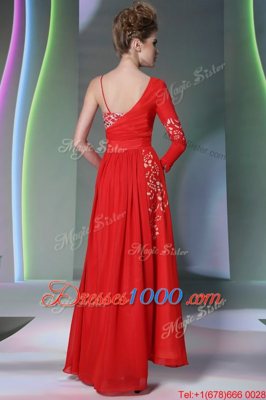 Pretty Coral Red Side Zipper Prom Gown Beading and Embroidery Long Sleeves Floor Length