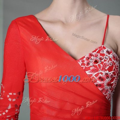 Pretty Coral Red Side Zipper Prom Gown Beading and Embroidery Long Sleeves Floor Length