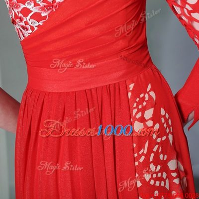Pretty Coral Red Side Zipper Prom Gown Beading and Embroidery Long Sleeves Floor Length