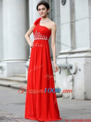 Elegant Coral Red Chiffon Zipper One Shoulder Sleeveless Floor Length Prom Dresses Beading and Ruching