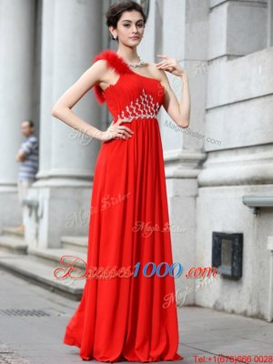 Elegant Coral Red Chiffon Zipper One Shoulder Sleeveless Floor Length Prom Dresses Beading and Ruching