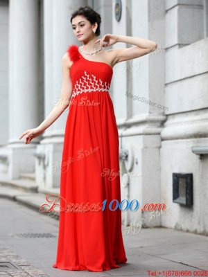 Elegant Coral Red Chiffon Zipper One Shoulder Sleeveless Floor Length Prom Dresses Beading and Ruching