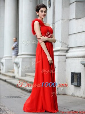 Elegant Coral Red Chiffon Zipper One Shoulder Sleeveless Floor Length Prom Dresses Beading and Ruching