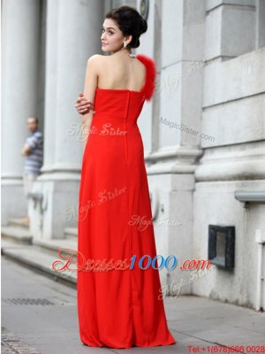 Elegant Coral Red Chiffon Zipper One Shoulder Sleeveless Floor Length Prom Dresses Beading and Ruching