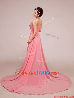 Great Floor Length Watermelon Red Homecoming Dress Chiffon Sleeveless Beading and Ruching