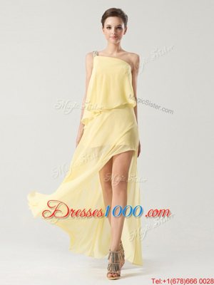 Modest One Shoulder High Low Column/Sheath Sleeveless Yellow Homecoming Dress Zipper