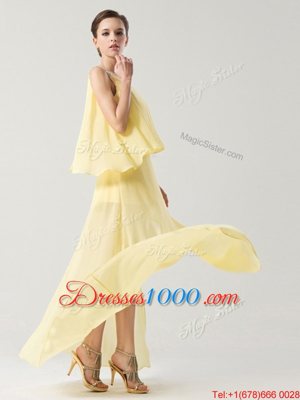 Modest One Shoulder High Low Column/Sheath Sleeveless Yellow Homecoming Dress Zipper
