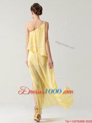 Modest One Shoulder High Low Column/Sheath Sleeveless Yellow Homecoming Dress Zipper