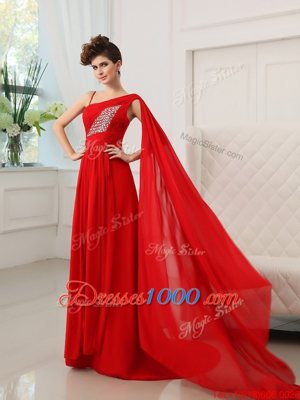 One Shoulder Red Zipper Prom Party Dress Beading and Ruching Sleeveless With Train Court Train