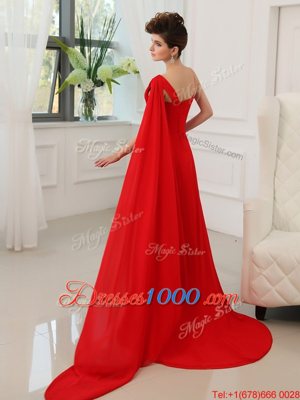 One Shoulder Red Zipper Prom Party Dress Beading and Ruching Sleeveless With Train Court Train