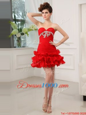 Ruffled Mini Length A-line Sleeveless Red Prom Evening Gown Lace Up
