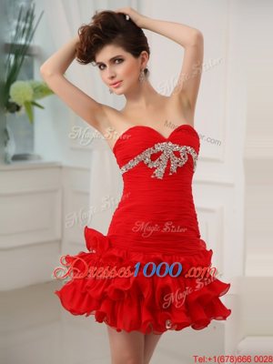 Ruffled Mini Length A-line Sleeveless Red Prom Evening Gown Lace Up