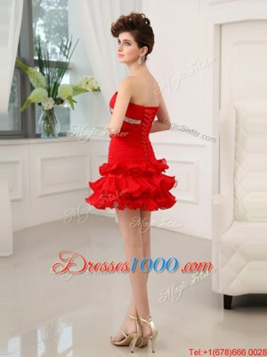 Ruffled Mini Length A-line Sleeveless Red Prom Evening Gown Lace Up