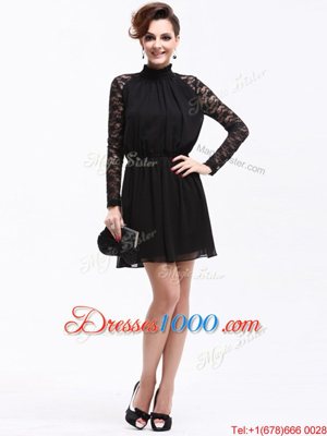 High-neck Sleeveless Zipper Prom Party Dress Black Chiffon
