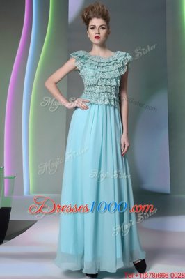 Luxury Scoop Cap Sleeves Floor Length Lace Side Zipper Prom Dresses with Aqua Blue