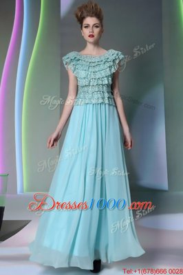 Luxury Scoop Cap Sleeves Floor Length Lace Side Zipper Prom Dresses with Aqua Blue