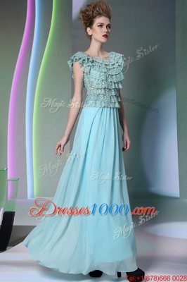 Luxury Scoop Cap Sleeves Floor Length Lace Side Zipper Prom Dresses with Aqua Blue