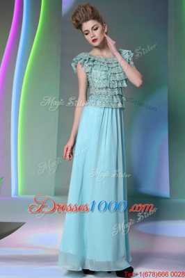 Luxury Scoop Cap Sleeves Floor Length Lace Side Zipper Prom Dresses with Aqua Blue