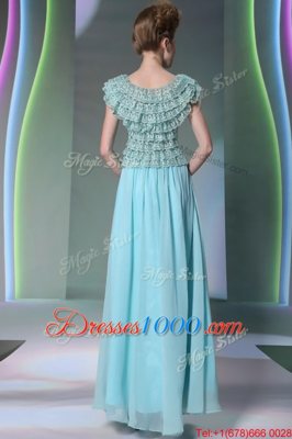 Luxury Scoop Cap Sleeves Floor Length Lace Side Zipper Prom Dresses with Aqua Blue