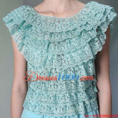 Luxury Scoop Cap Sleeves Floor Length Lace Side Zipper Prom Dresses with Aqua Blue