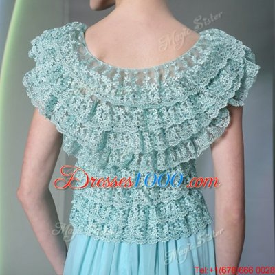 Luxury Scoop Cap Sleeves Floor Length Lace Side Zipper Prom Dresses with Aqua Blue